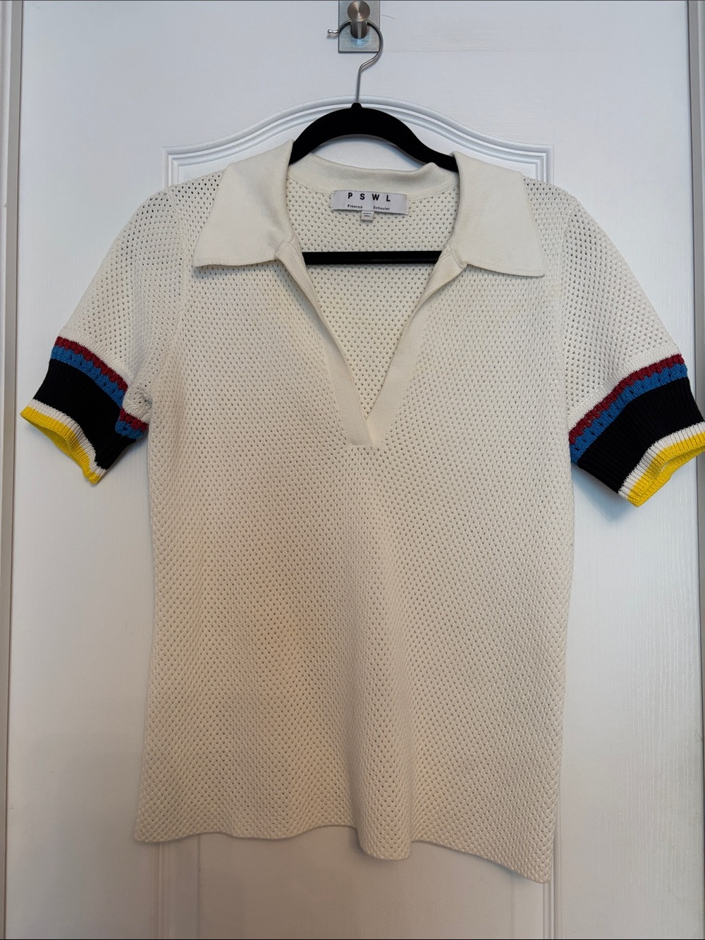 Proenza Schouler Cream Knit Short-Sleeve Polo with Multicolor Striped Cuffs